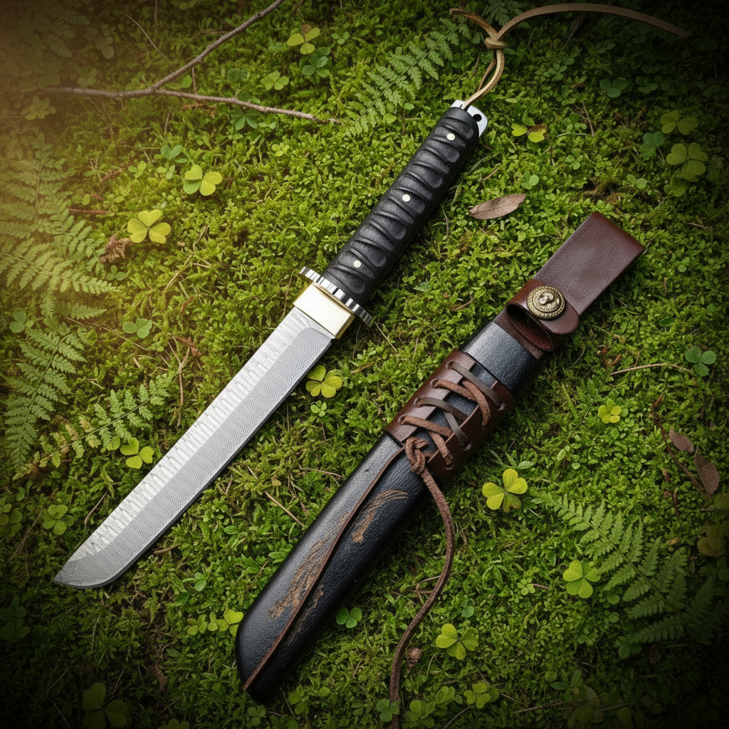 Damascus knife moss background bright sunlight left