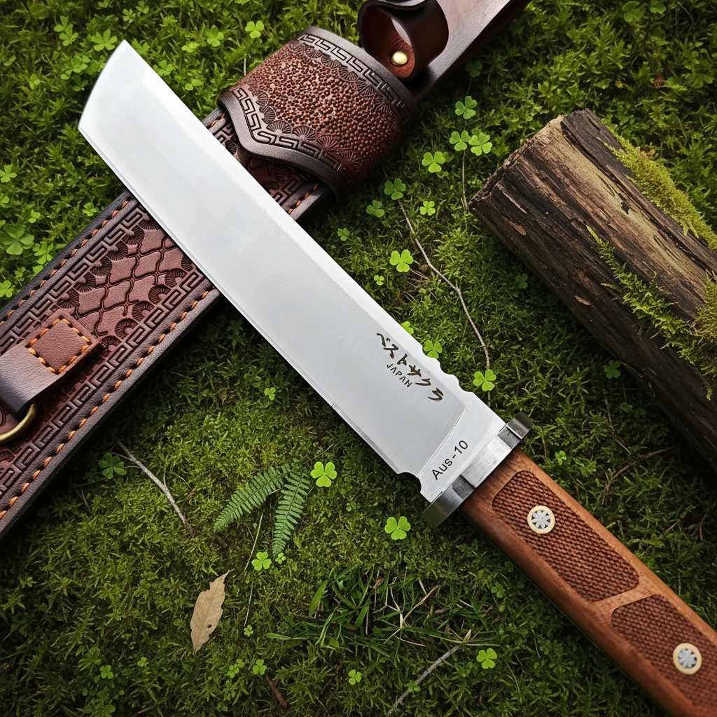 AUS-10 knife close-up template B forest moss