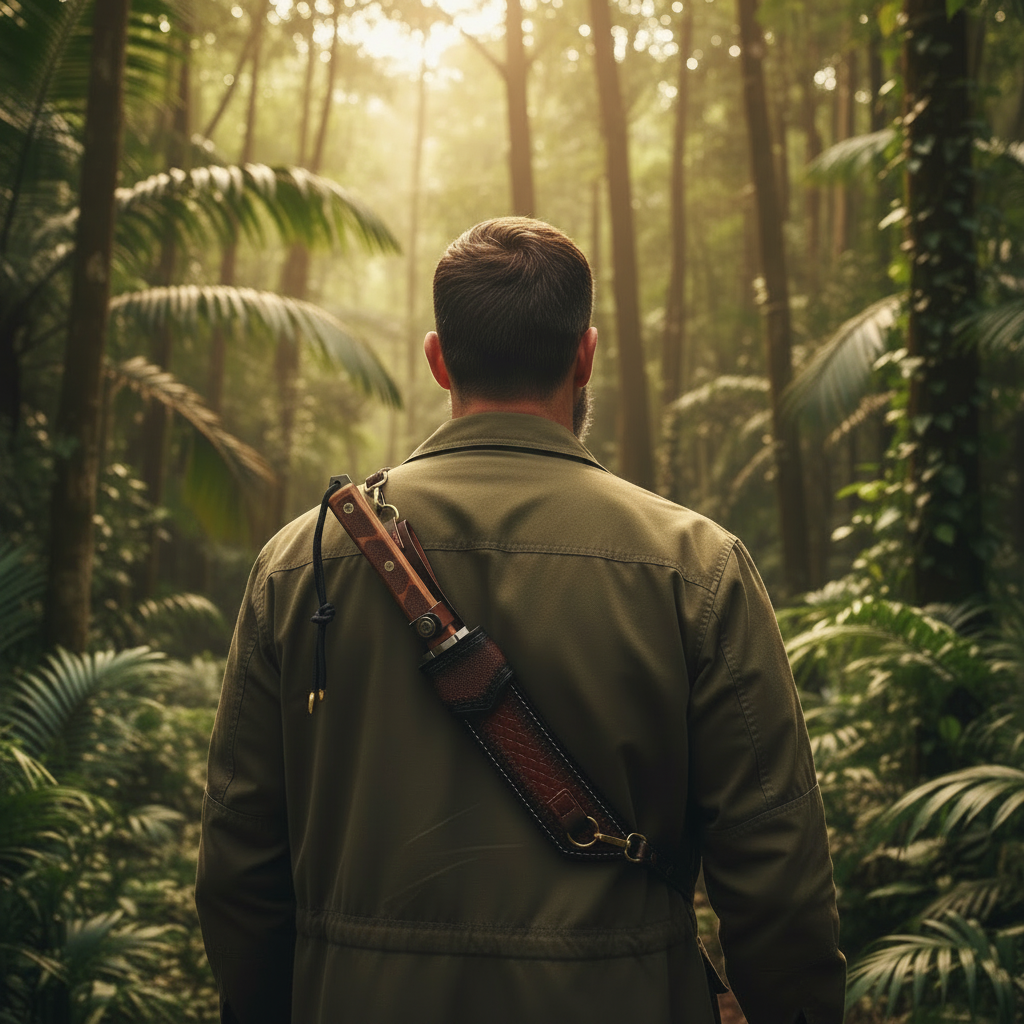 Caucasian male model jungle knife sheath bright product v2