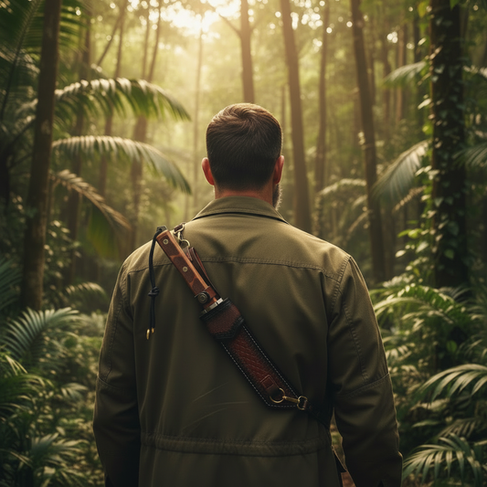 Caucasian male model jungle knife sheath bright product v2