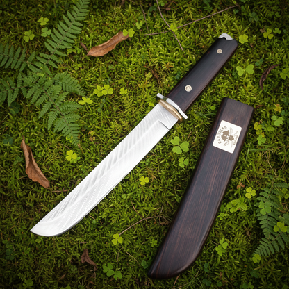 Damascus knife wooden sheath moss fern background