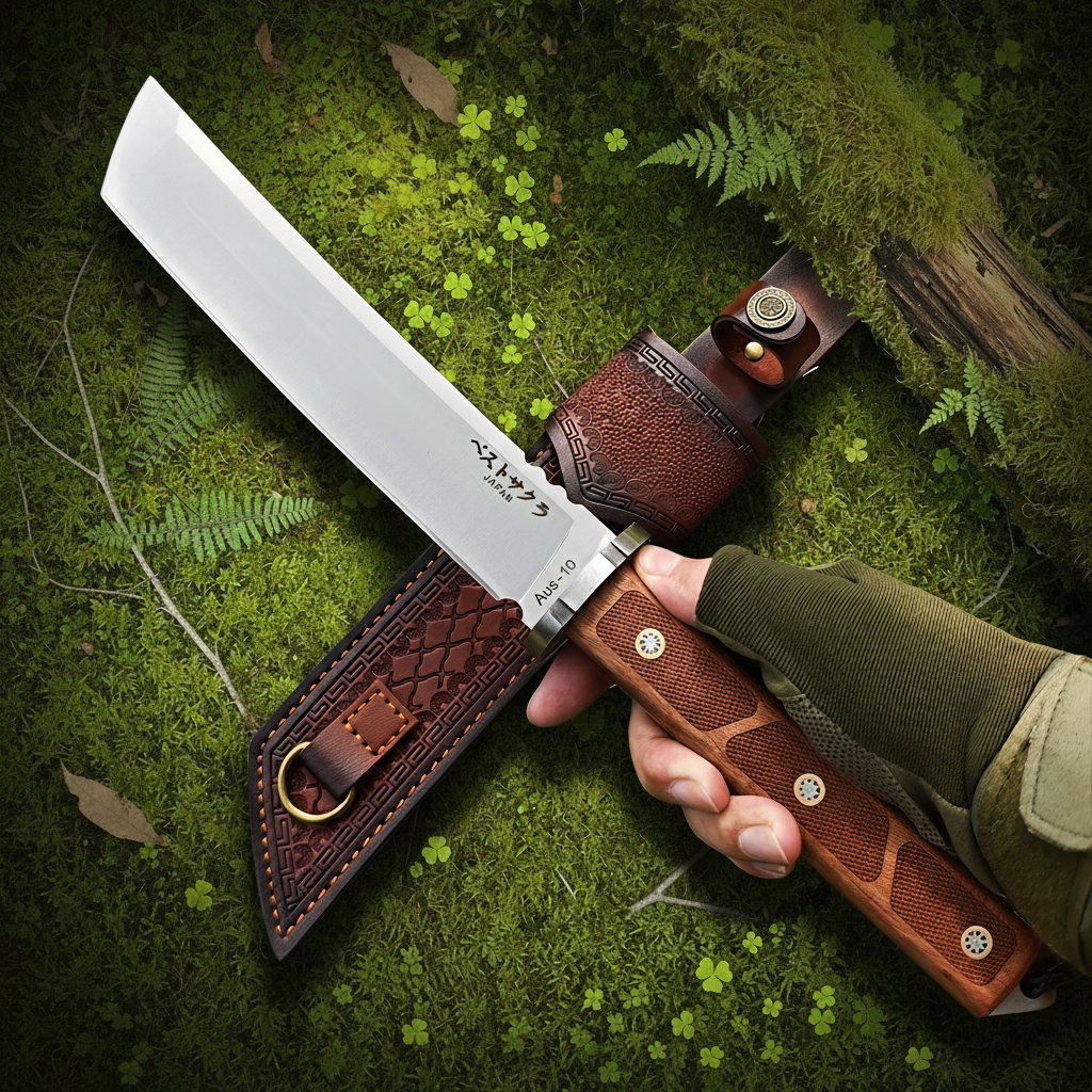 Hand holding AUS-10 knife template B forest moss