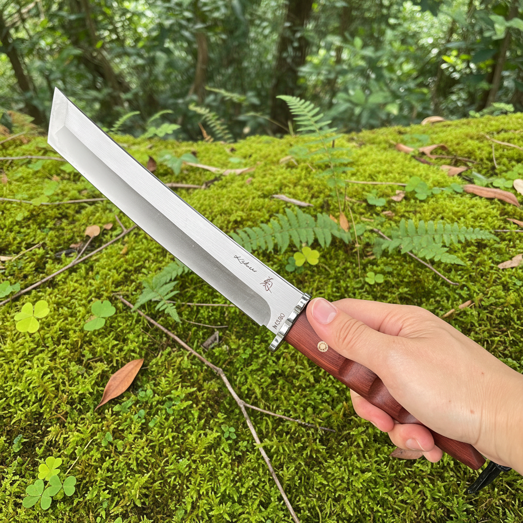 Hand holding knife moss forest background
