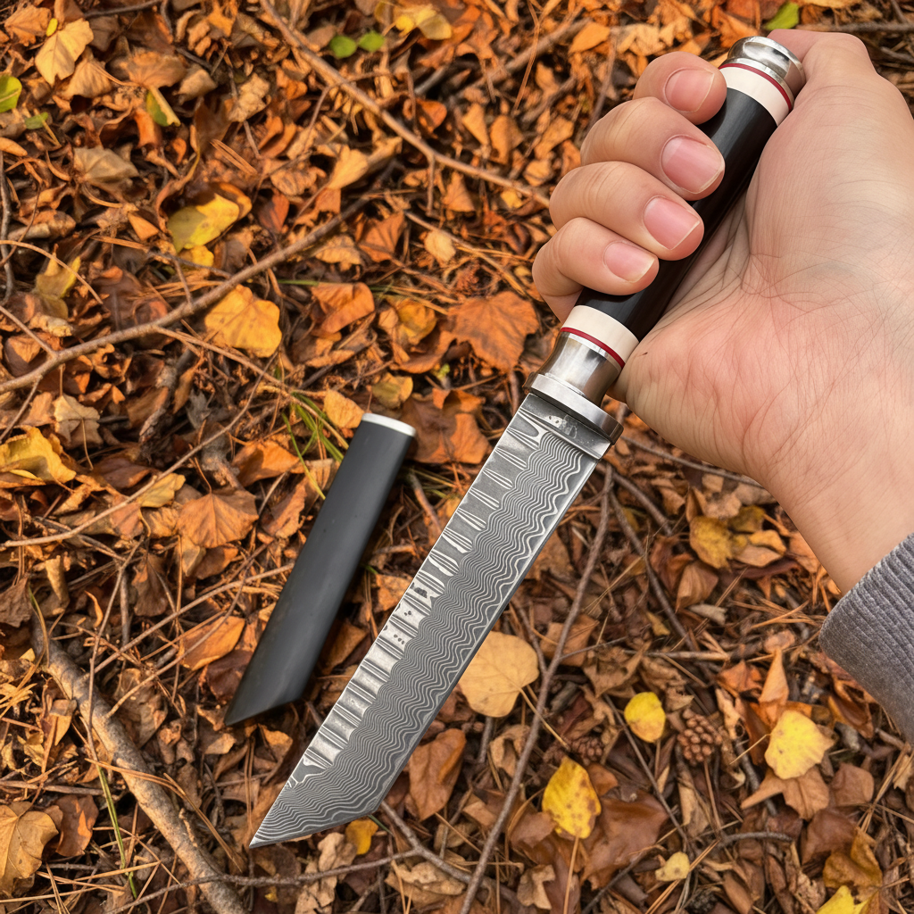 Hand with Sheath on Log - Autumn Leaves