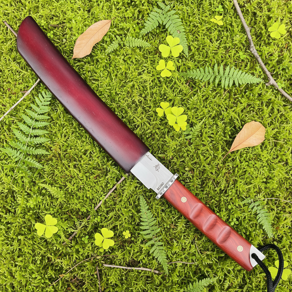 Knife burgundy sheath moss background exact product
