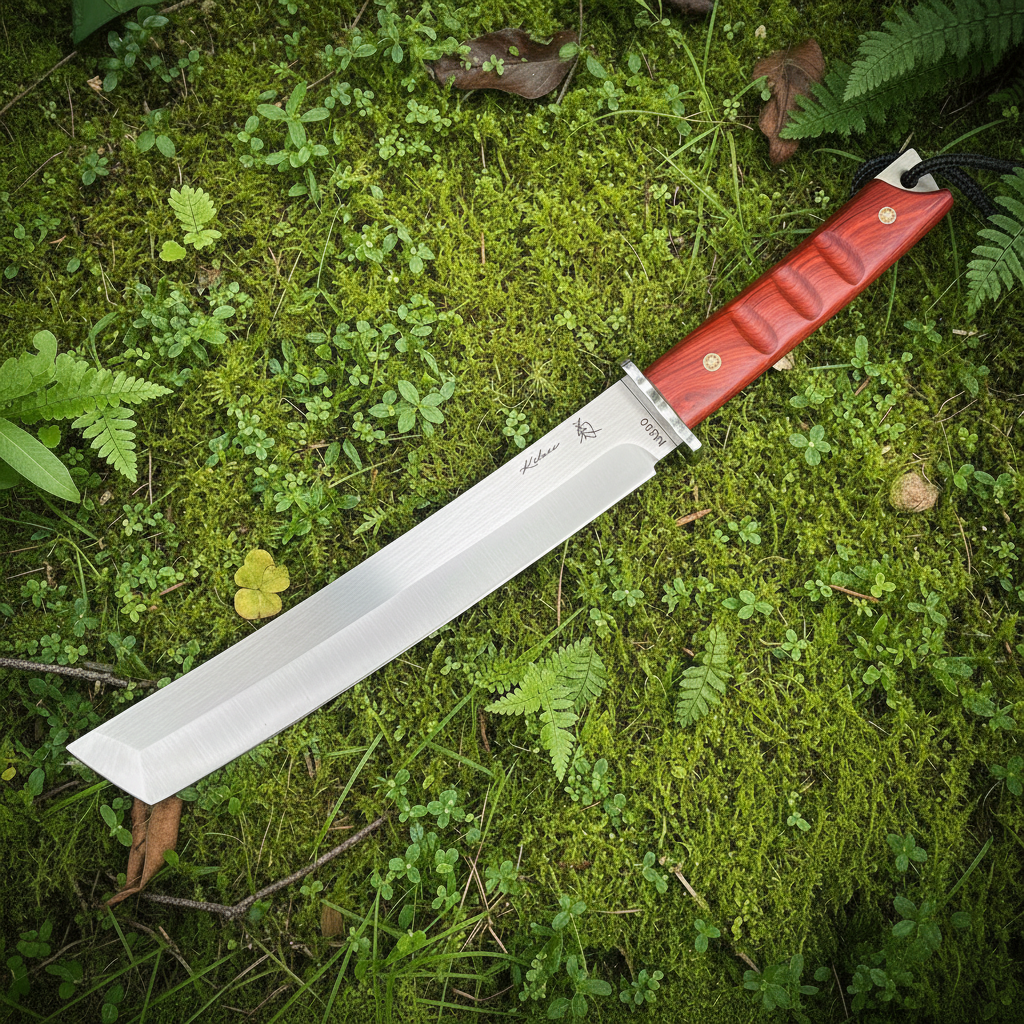 Knife full blade exposed on moss floor