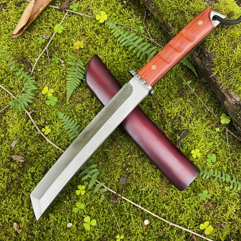 Knife wooden sheath moss fern background