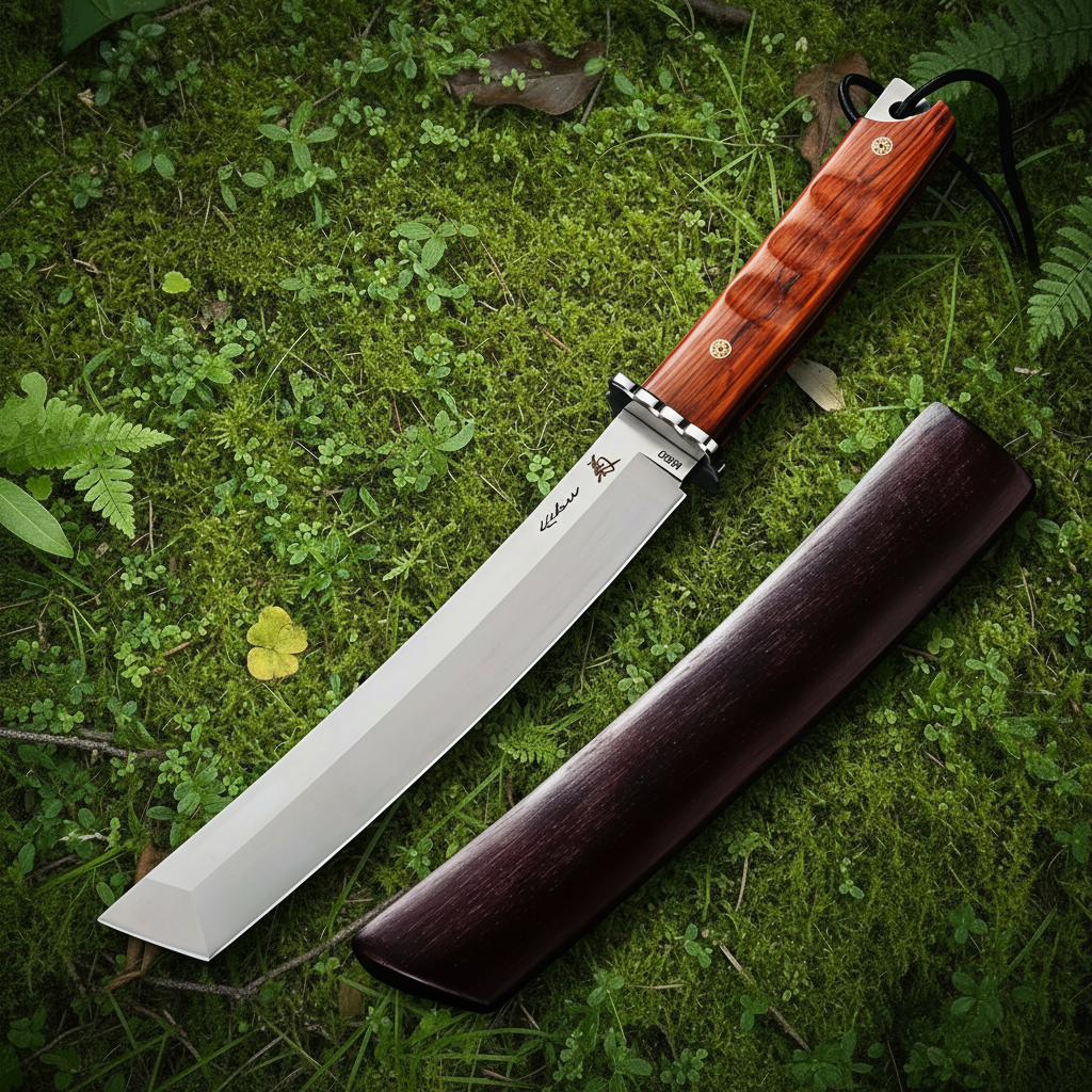 Knife wooden sheath on moss fern forest floor