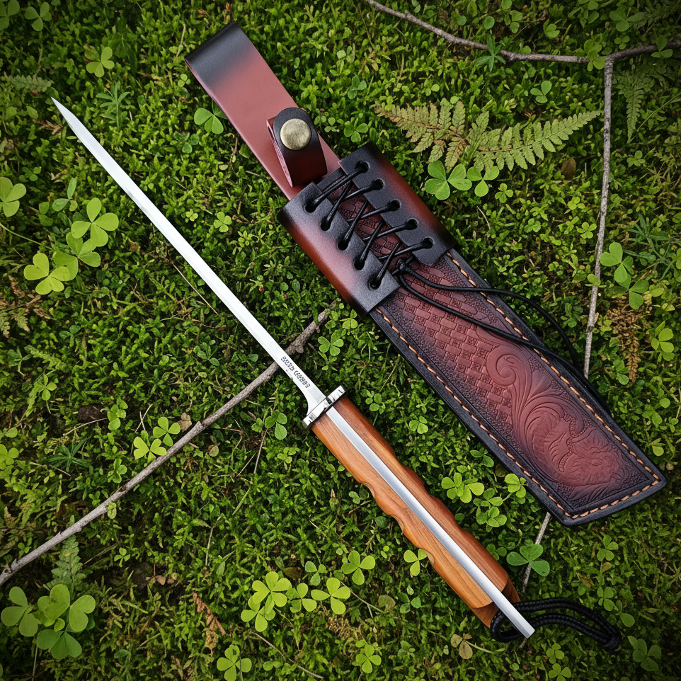 Stiletto knife forest floor moss background