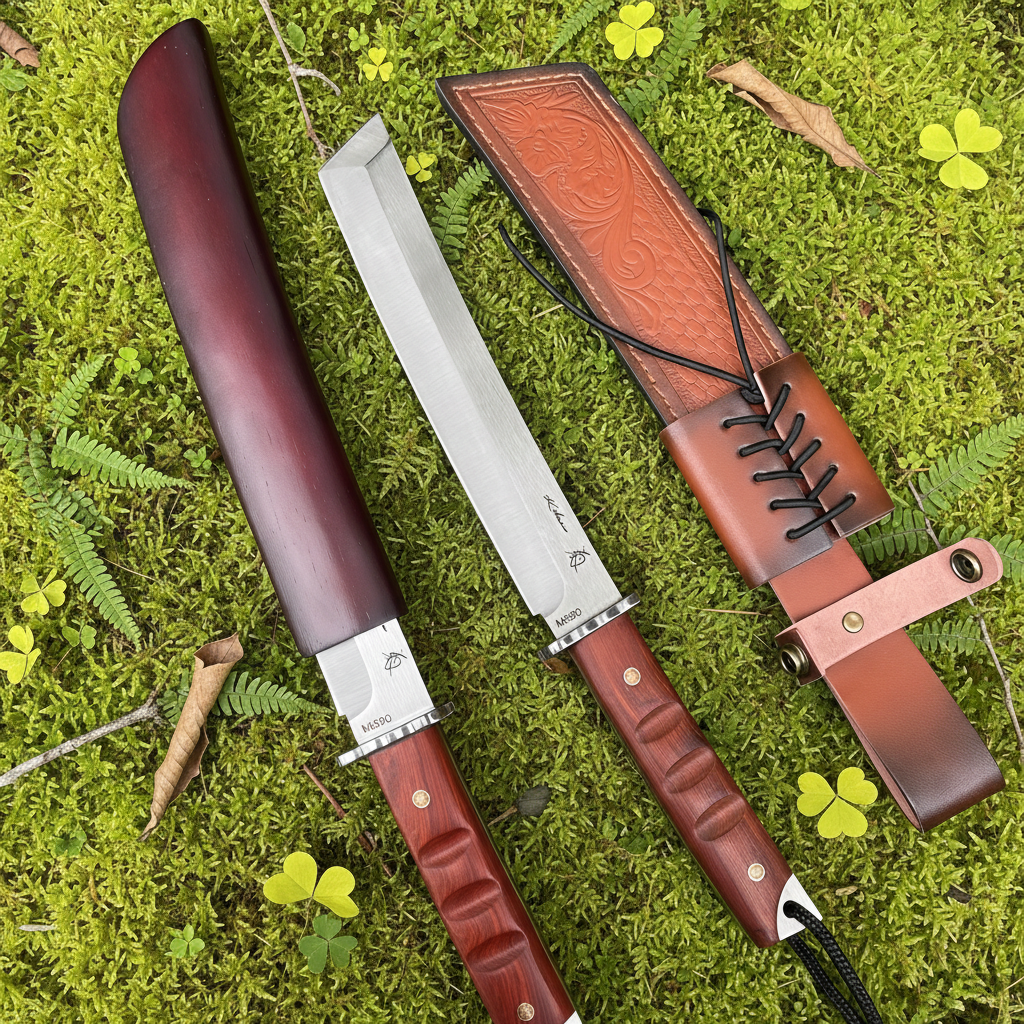 Three knives sheaths moss fern background